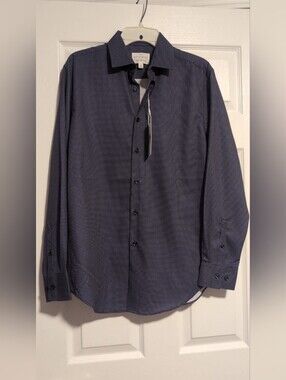 Construct Men's Navy Blue Polka Dot Long Sleeve Button Down Dress Shirt